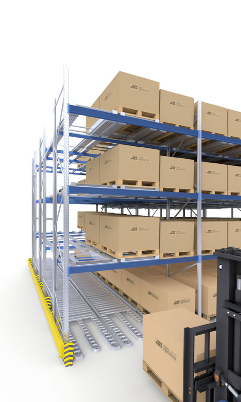 Push-back-Regalsystem mit Schlitten für kompaktes Lagern